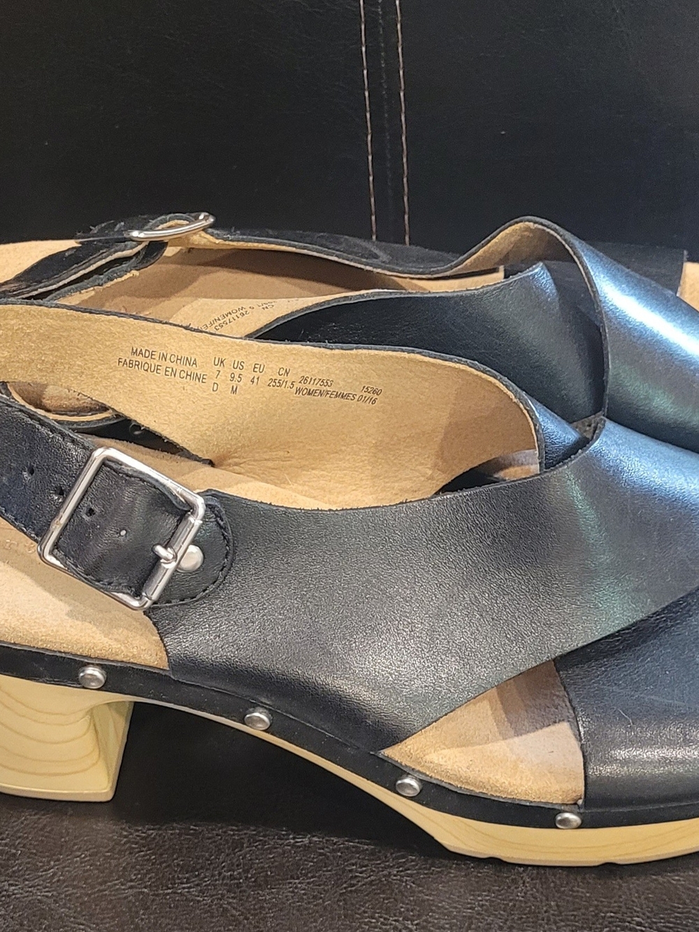 Clark's Women's Black Leather Slingback Clog Sandals with Buckle